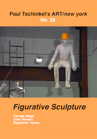This is a poster for documentary Figurative Sculpture - ART/new york No. 28 featuring a sculpture piece of two plaster casted construction workers on top of a steel beam. Sculpture is by artist George Segal.