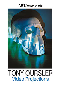 This is a poster for documentary Tony Oursler: Video Projections - ART/new york No. 59 featuring a photograph of a large sculpture of a skull that has the word "LOVE" projected on it. Installation art piece is by artist Tony Oursler