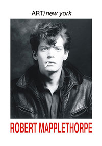 This is a poster for documentary Robert Mapplethorpe - ART/new york No. 61 featuring a black and white photograph of Robert Mapplethorpe in a leather jacket smoking a cigarette. Photograph is by artist Robert Mapplethorpe
